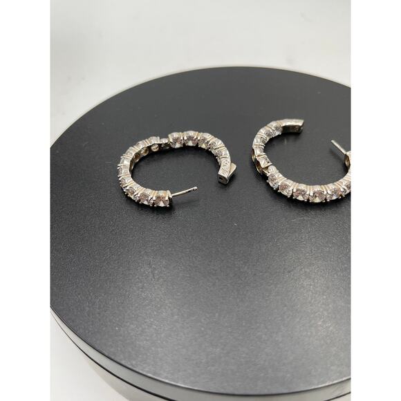 SD Signed Sterling Silver CZ In & Out Huggie Hinged Hoop Round Earrings - Picture 14 of 14